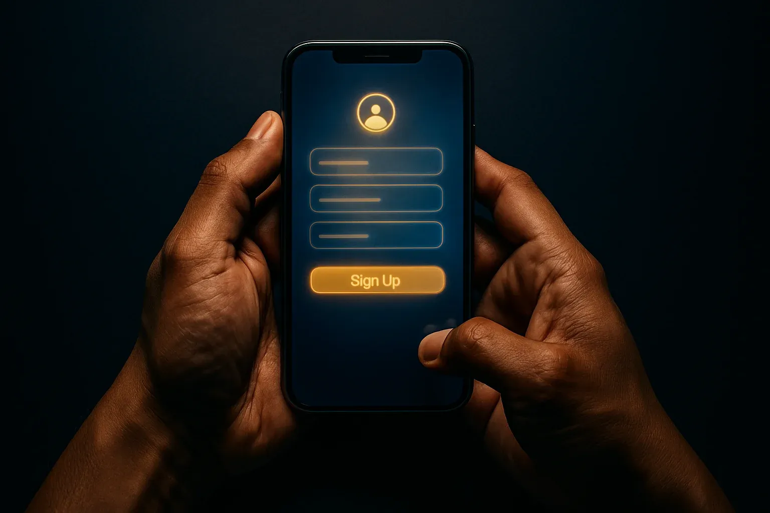 Filipino man hands holding smartphone with blurred registration screen, blue gold glow